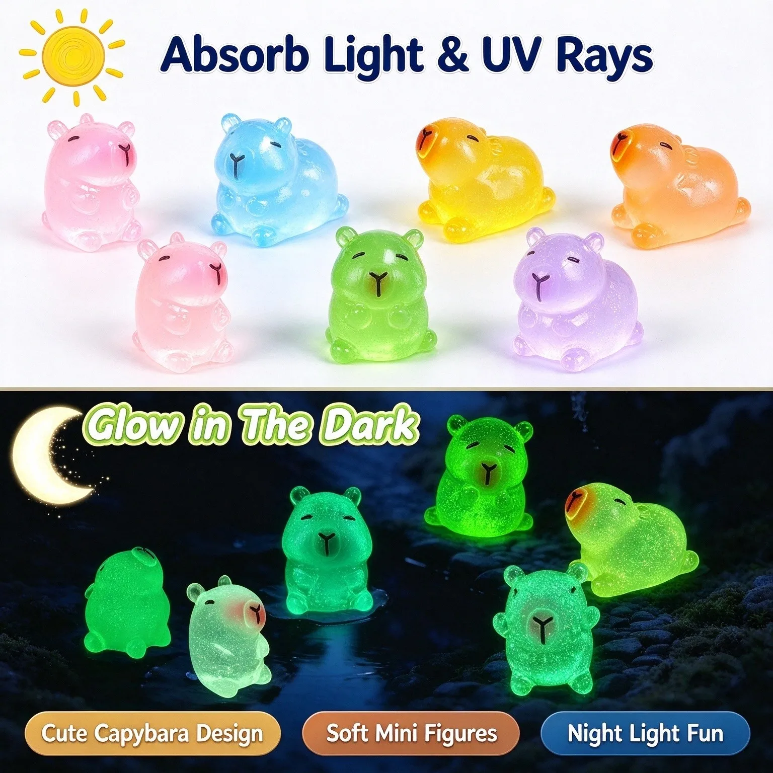 6Pcs Luminous Mini Capybara Resin Statues Glow In Dark Tiny Animal Figurines Gardens Landscape Crafts Ornament Decors For Adults