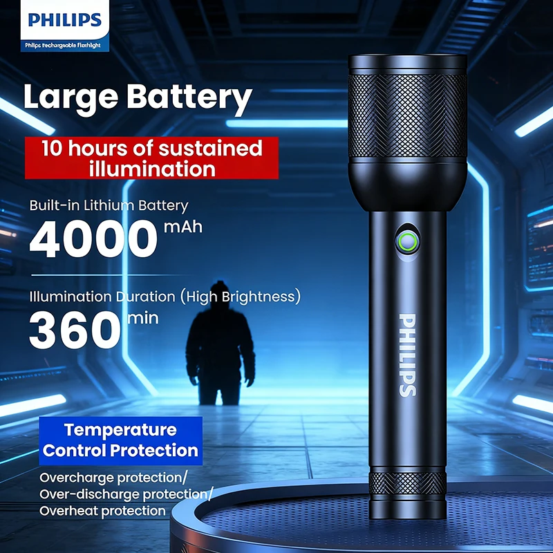 philips-lampe-de-poche-puissante-3-modes-de-projecteur-longue-portee-a-intensite-variable-rechargeable-eclairage-2km-autonomie-de-la-batterie-6h-lumiere-d'urgence