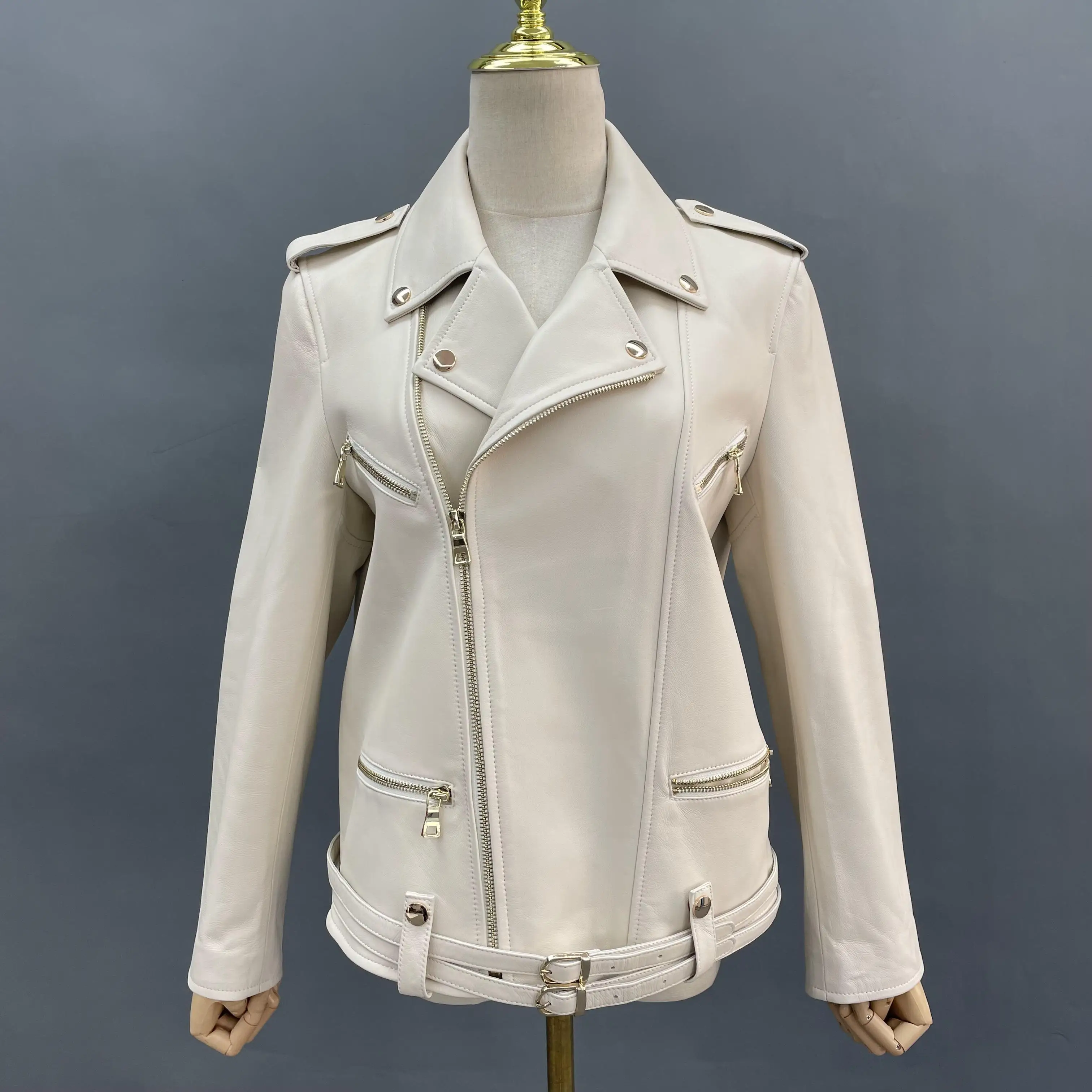 JANEFUR-Chaqueta de piel auténtica para mujer, abrigo de piel de oveja auténtica con cremallera, ropa de calle blanca a la moda, 2023