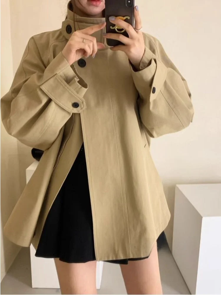 

Korean Sle Khaki Stand Collar Long Women's Coat Spring New Arrival Loose Fit Design Sensation Casual Daily Outerwear