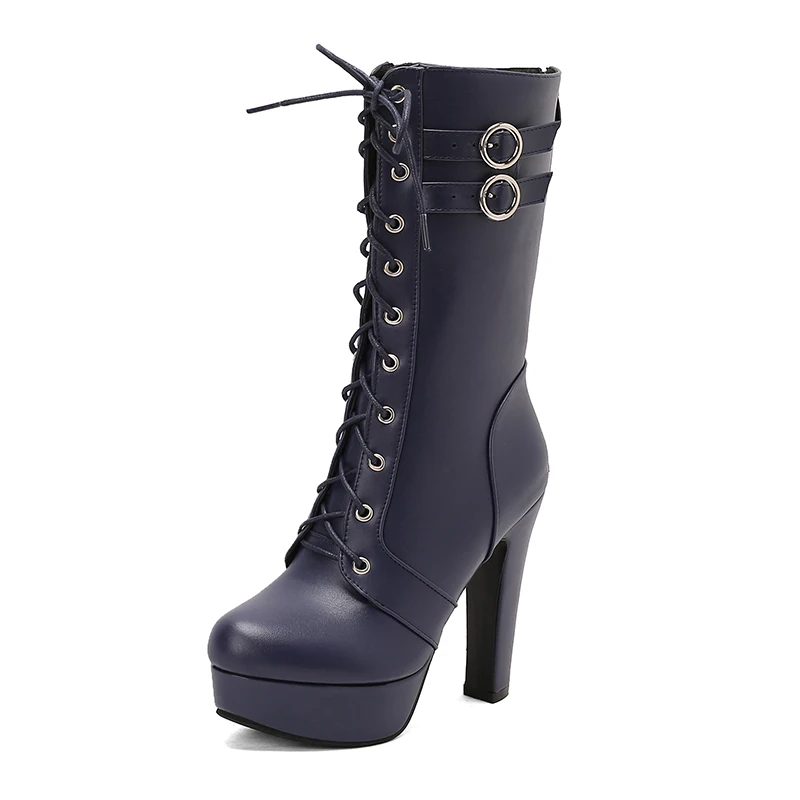 

2025 Fall Winter Mid Calf Heels Boots Lace Up Platform Booties Office Ladies Elegant Leather Shoes
