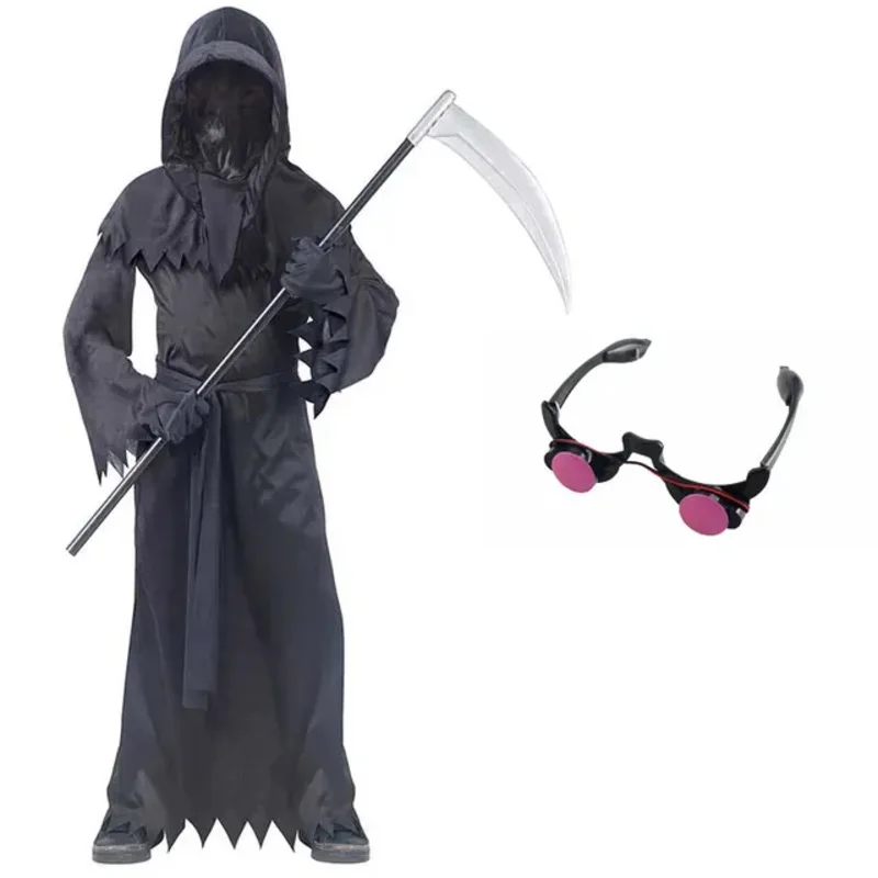 Disfraz de Grim Reaper para niños y niñas, con sombrero, máscaras, ojos luminosos, gancho de la muerte, hoz, fiesta, Terror, disfraz de Halloween