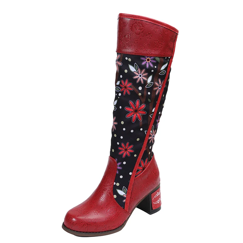 Casual vintage floral ethnic style women\'s boots adjustable knee-high boots