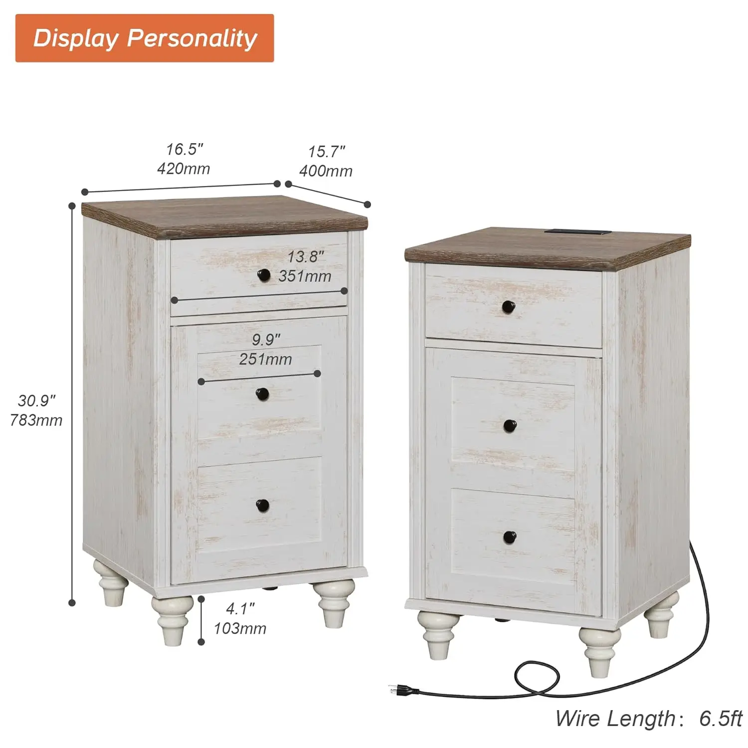 Set of 2 End Table with Charging Station, Wood Nightstands with Drawer and Storage Cabinet, Modern Side Tables, Customized - view 3
