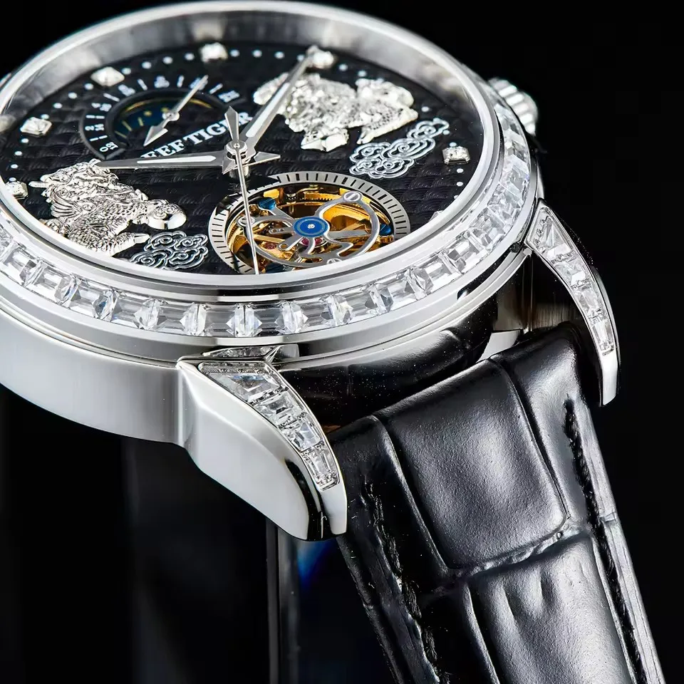 Reef Tiger Men Automatic Watch 42.7mm Luxury Mechanical Wristwatch 50M Waterproof Luminous Pixiu Skeleton Multi Dial