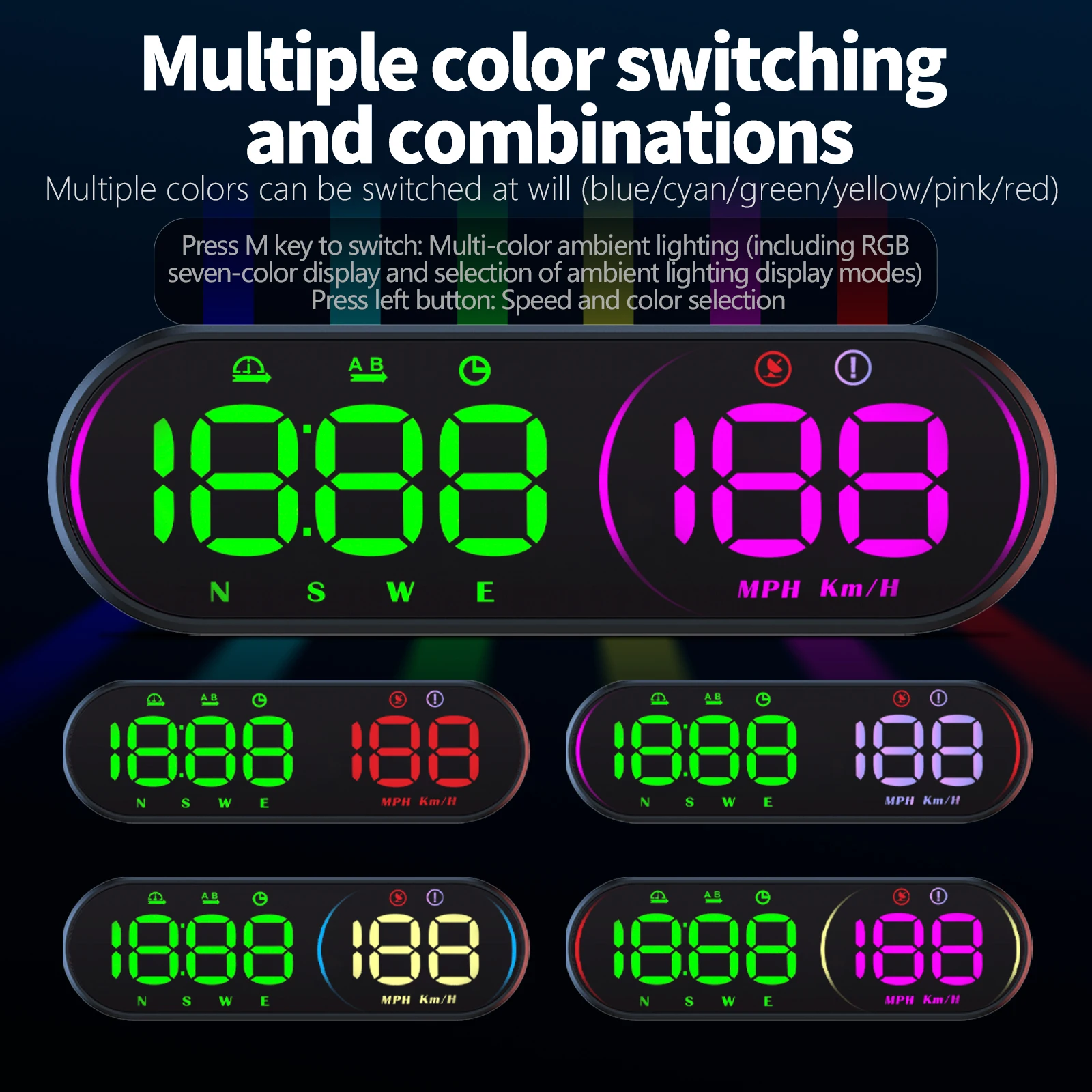 G26 Car HUD GPS Speedometer 10Hz Dual-Mode Chip, 3-Stage Overspeed Alarm, Auto Light Sensor, Compass Time Mileage RGB Ambient Li