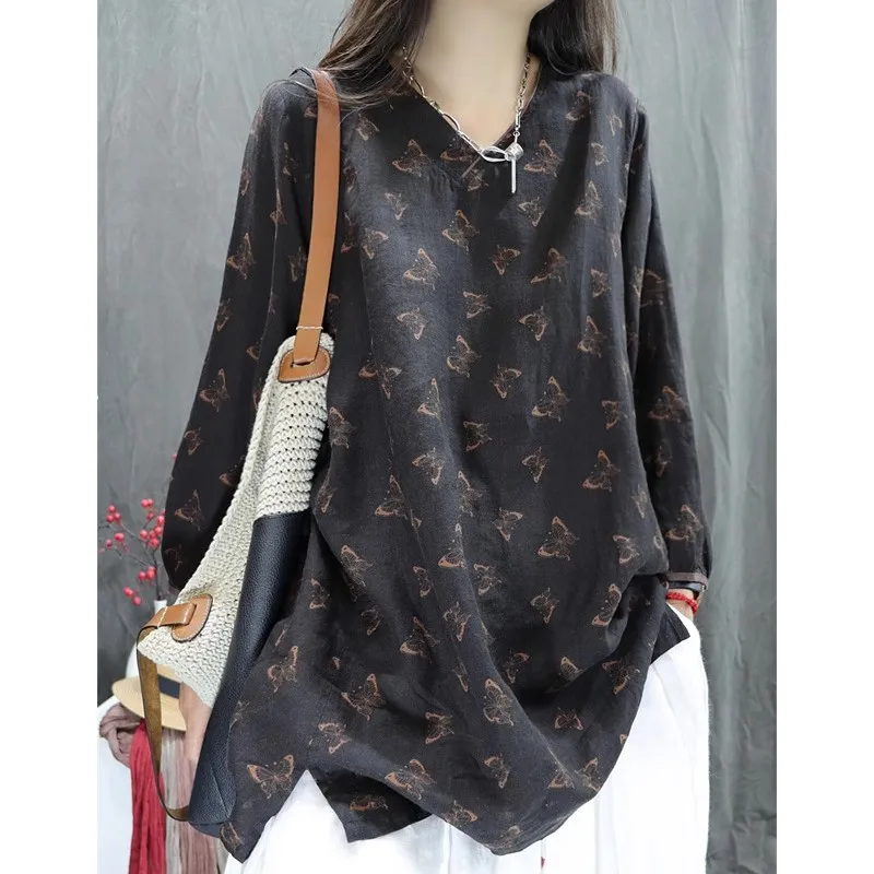 

plus Size Spring New Vintage Pure Cotton Printed V-Neck Loose Versatile Slimming Long Sleeve Shirt Women's Casual Fashion Top