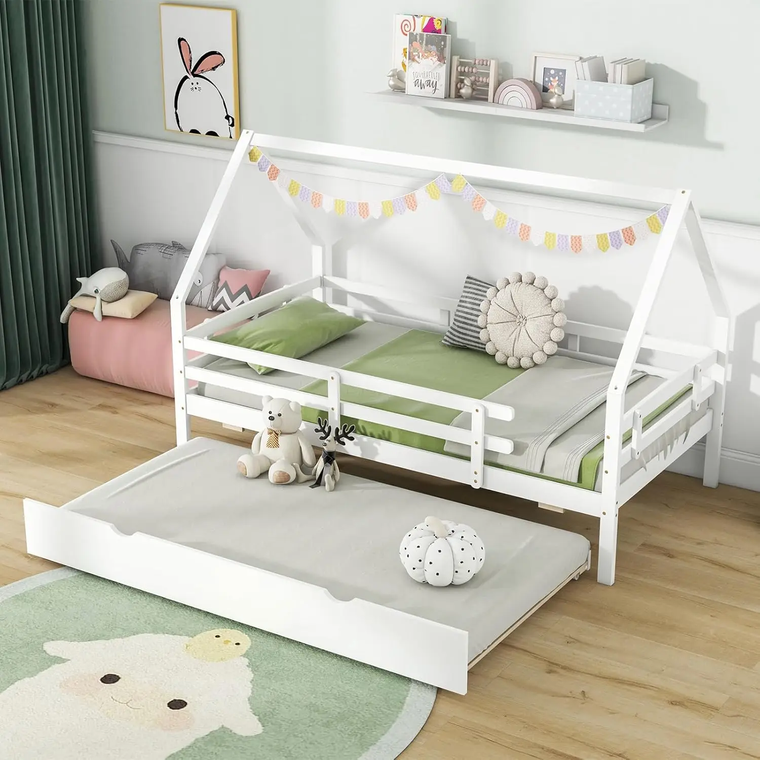 Cama de casa de tamanho duplo KOMFOTT com rodízio, estrutura de cama de madeira com trilhos de segurança e telhado decorável, estrutura de cama de plataforma de casa para crianças,