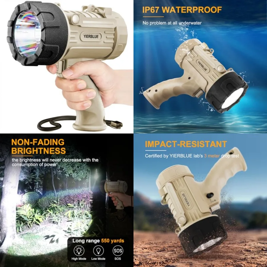 

Rechargeable Spotlight Flashlight with 2000000 High Lumen LED, IP67 Waterproof Long Running Spot Light searchlight, Impact Resi