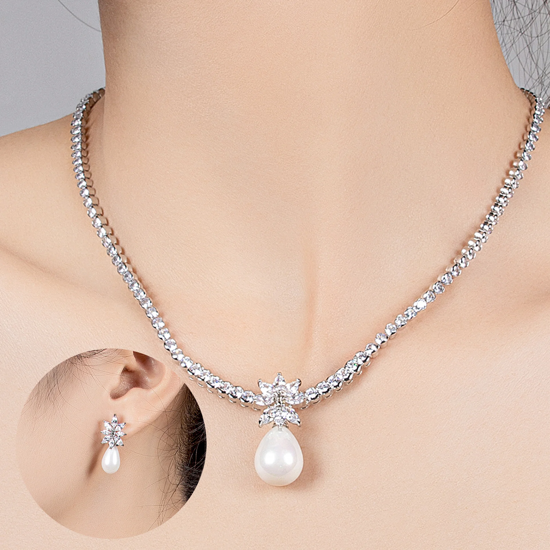 

European Style Coffee Imitation Pearl Clavicle Necklace Earrings Set Minimalist Single Layer Micro Inlaid Zircon Jewelry