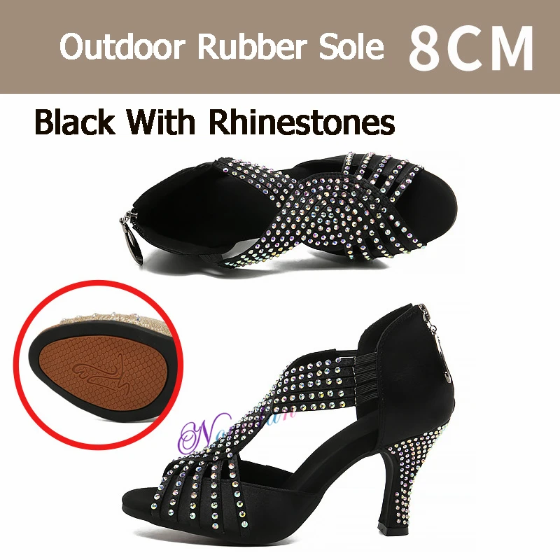 Glitter Rhinestones Satin Latin Dance Shoes Outdoor Salsa Party Prom Tango Ballroom Dancing Shoes Sandals Woman High Heels 8cm