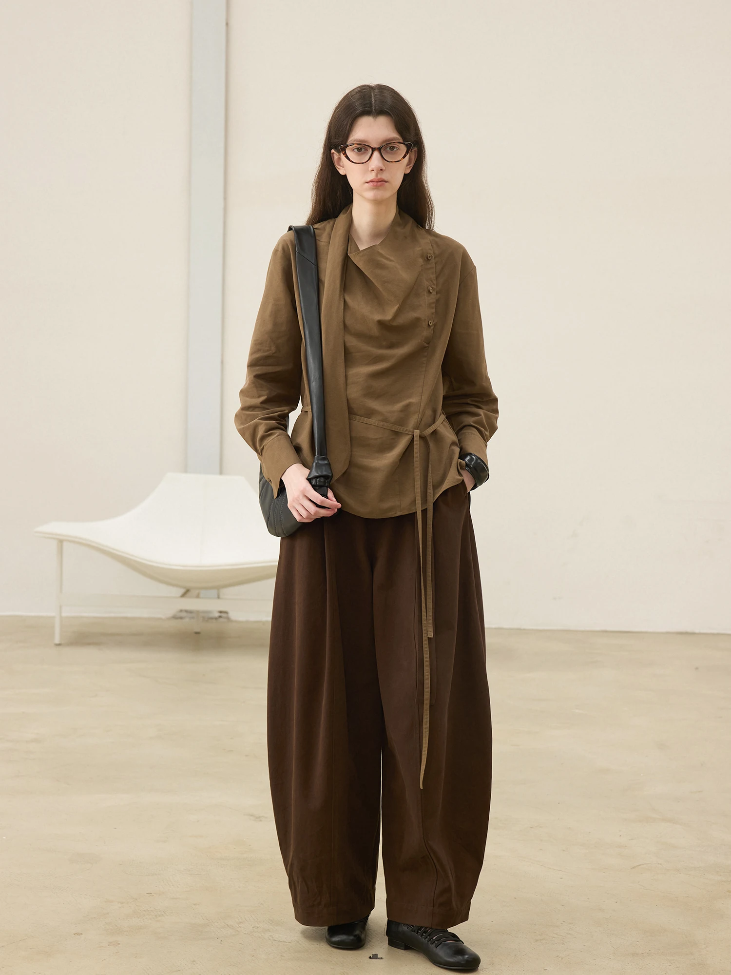 

Camon Women's Loose Long Sve irt with Sa Design Spring Autumn Korean Sle Comfortable Lenzing Fabric Color