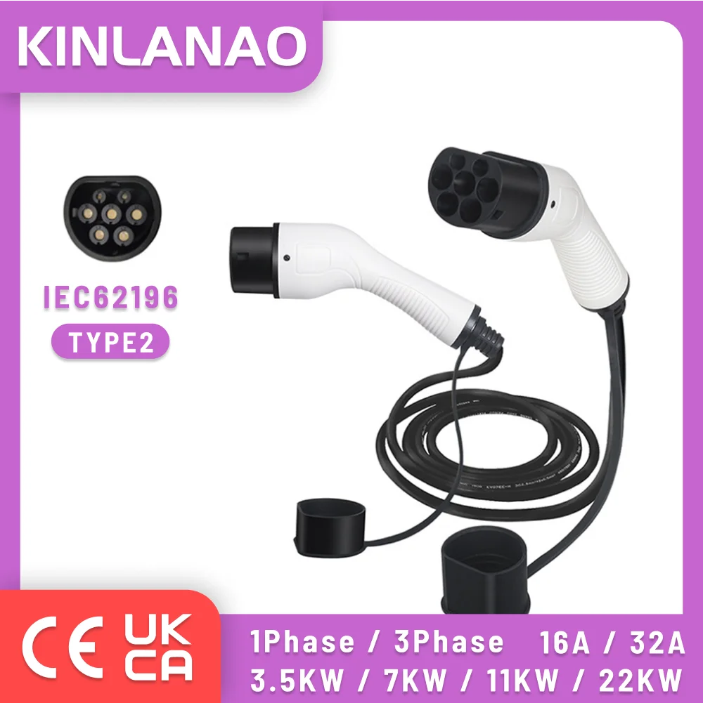 KINLANAO EV Charger Cable 7kw 11kw 22kw IEC62196 16A 32a type 2 ev charging cable