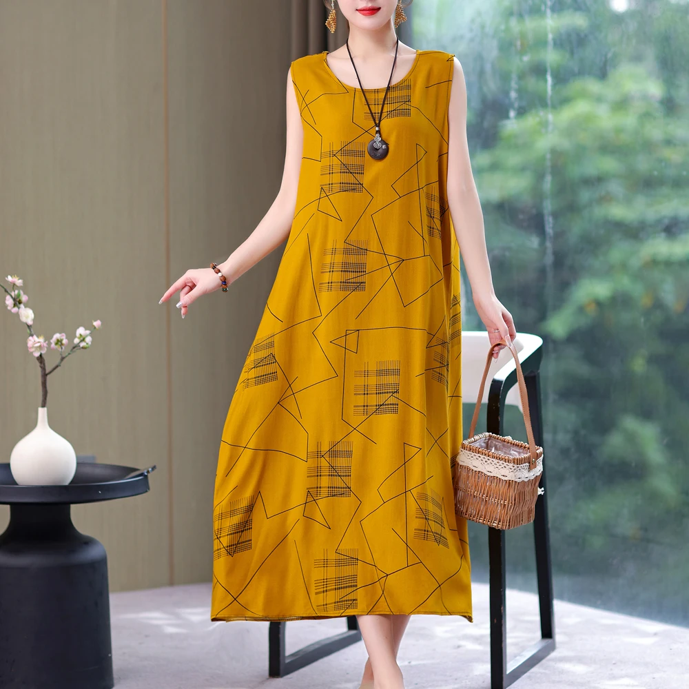 New Casual Vintage Summer Dress Vestido Print Natural Regular Sleeveless O-neck Cotton Dresses Women Clothing Plus Size