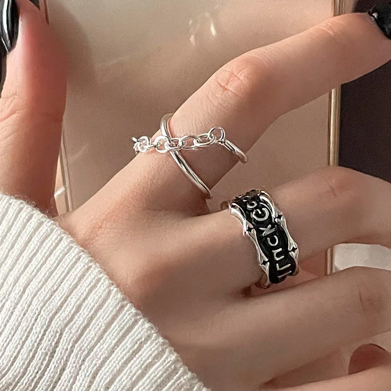 KADRUFI Punk Vintage Cross Link Black Metal Good Luck Finger Rings for Women Y2K Hip Hop Korean Fashion Opening Ring Jewelry