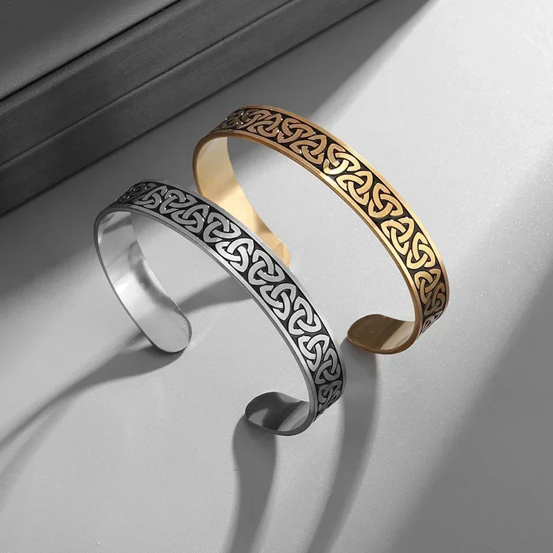 Stainless Steel Vintage Nordic Irish Celtic Knot Open Bracelet for Men and Women Fashion Simple Lucky Amulet Jewelry Gift