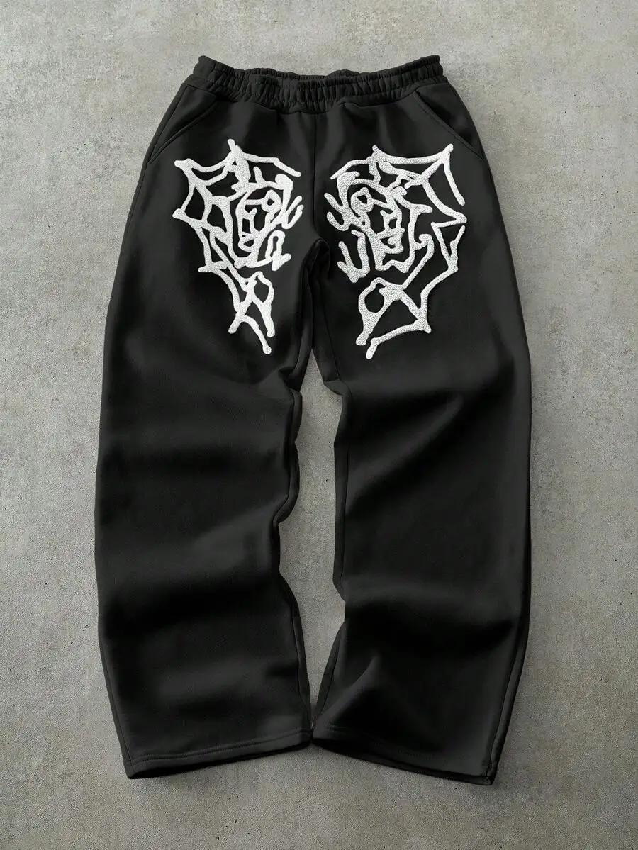 

Mens Street Style Loose Fit Sweatpants With Spider Web Embroidery Black Towel Fabric