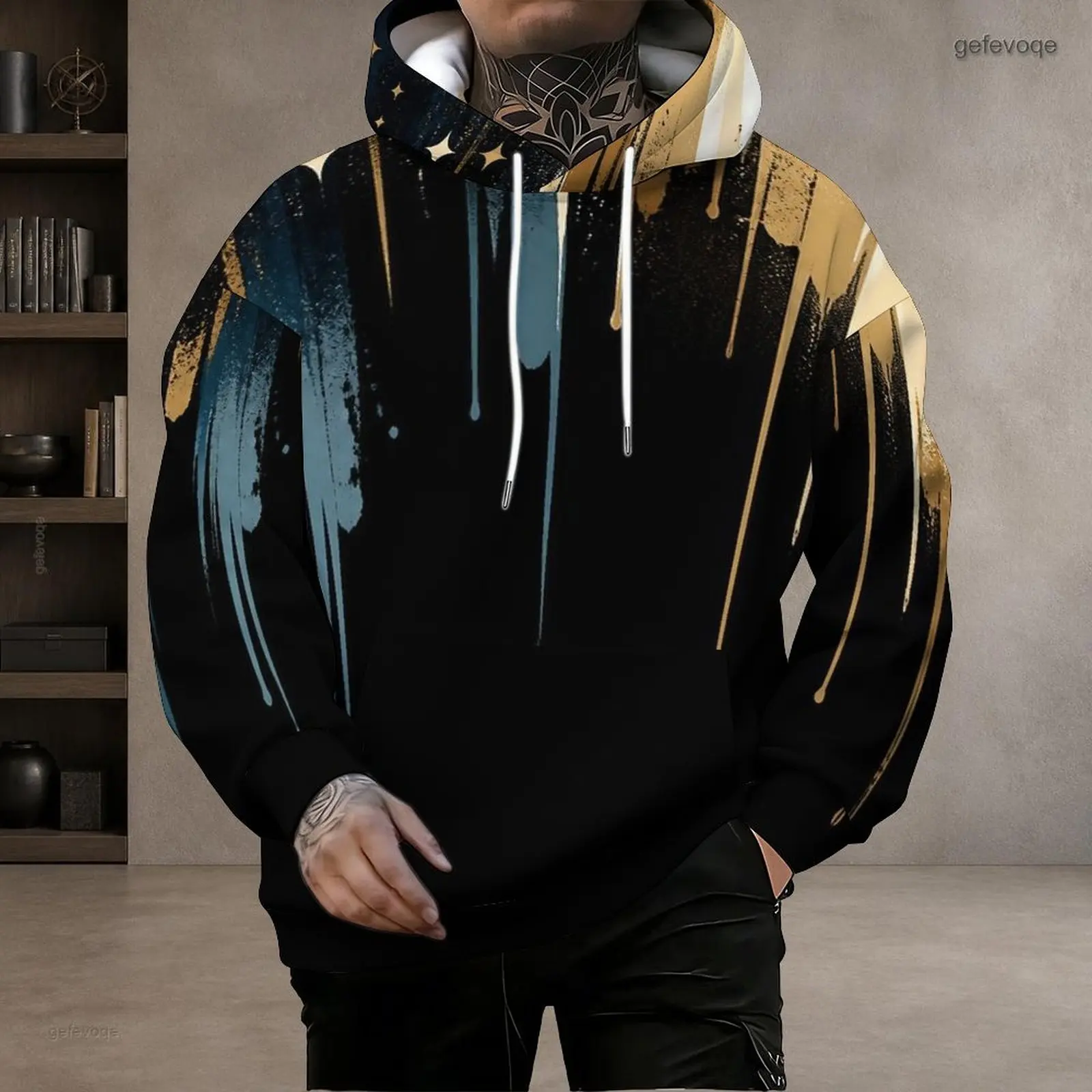 Men Abstract Dripping Brush Stroke Gold Blue Star Printed Black Long Sleeve Drawstring Pullover Hoodie