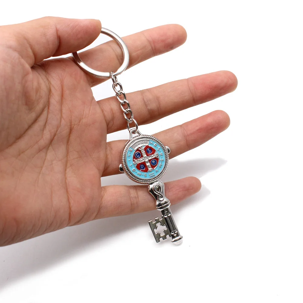 American Colored Ancient Keyshape Saint Benedict Keychain Pendant Ring Jewelry Religious Holy Land Durable Decorations Wholesale