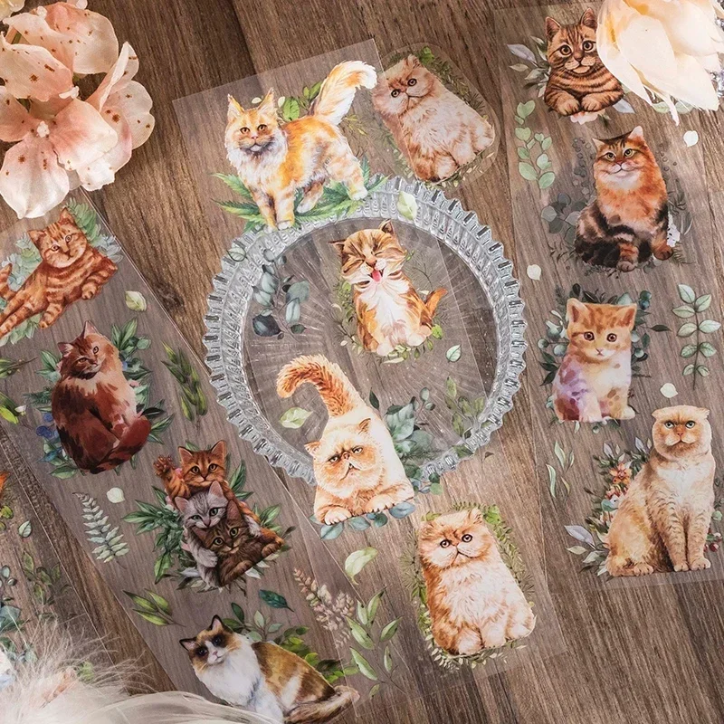 6Sheet Per Pack Stickers Cat Orange Black White Multiple Animals Floral Decoration Scrapbooking Junk Journal Base Paper 228*67mm