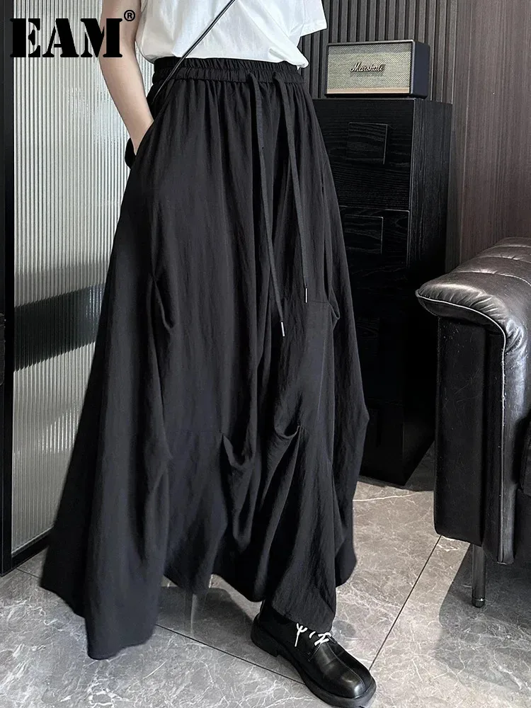 

[EAM] High Elastic Waist Black Pleated Irregular Long A-line Half-body Skirt Women Fashion Tide New Spring Autumn 2024 1DH5509