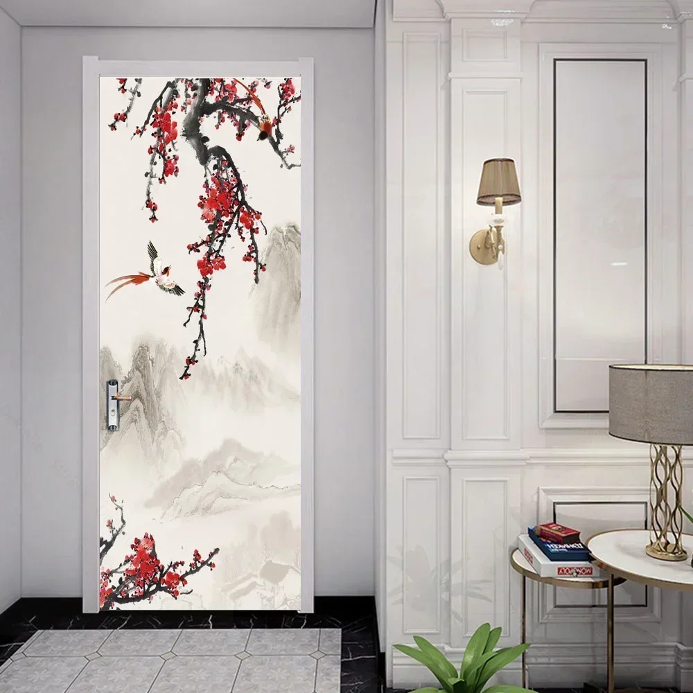 Chinese Landscape Painting Door Stickers Wallpaper Ink  Art Doors Murals Removable Mountain Stream Mural for Home Decor