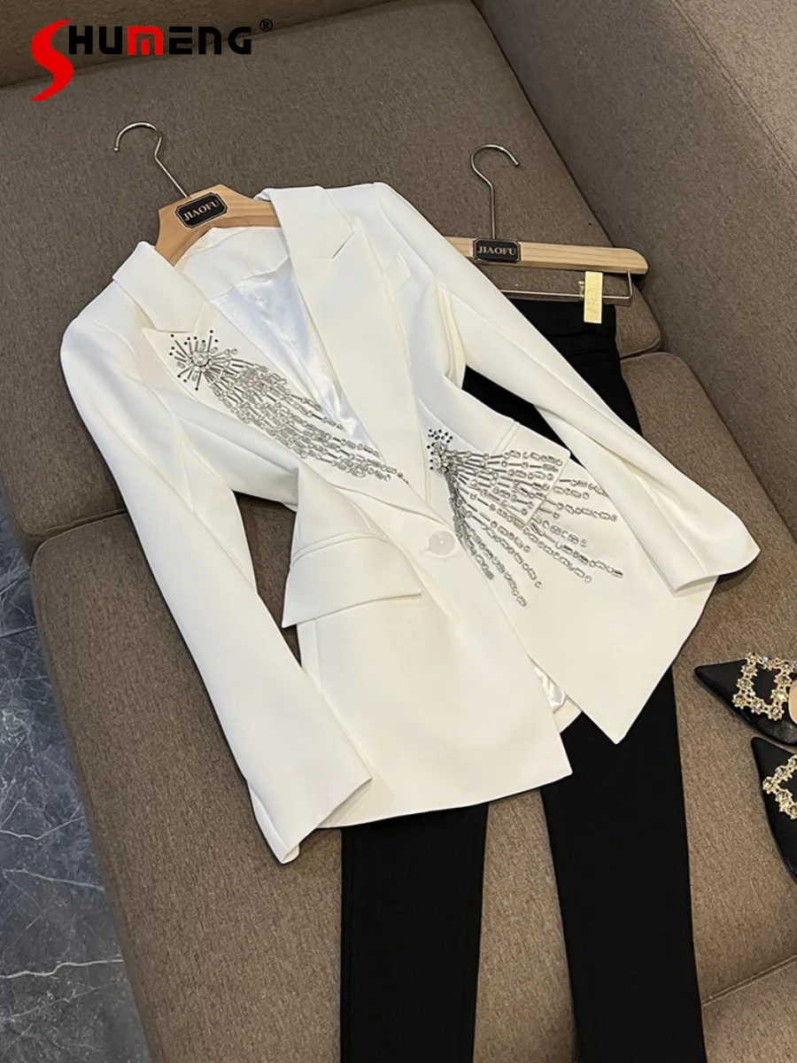 

2024 Spring High-End Suit Jacket White Temperament Beaded Rhinestone Long Sleeve Tops Female Fashionable Nice Suit Jackets