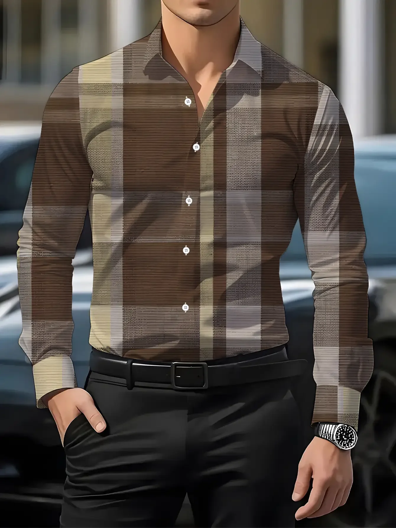 

Men's long sleeved shirt with checkered style print, men's printed shirt with classic checkered style