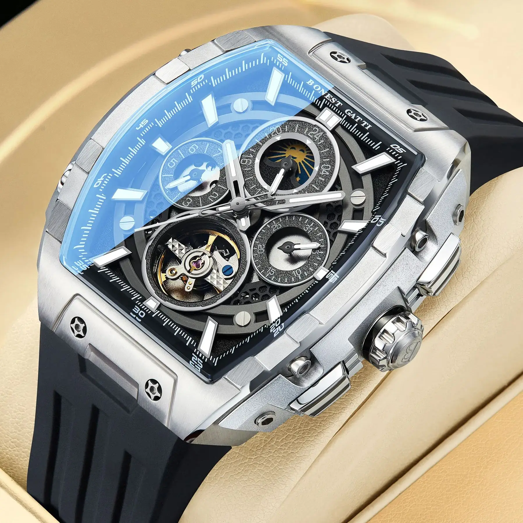 

BONEST GATTI Мужские автоматические часы Tonneau Механические наручные часы Светящиеся 50 м Водонепроницаемые сапфировые часы с датой недели 24-часовой циферблат с маховиком