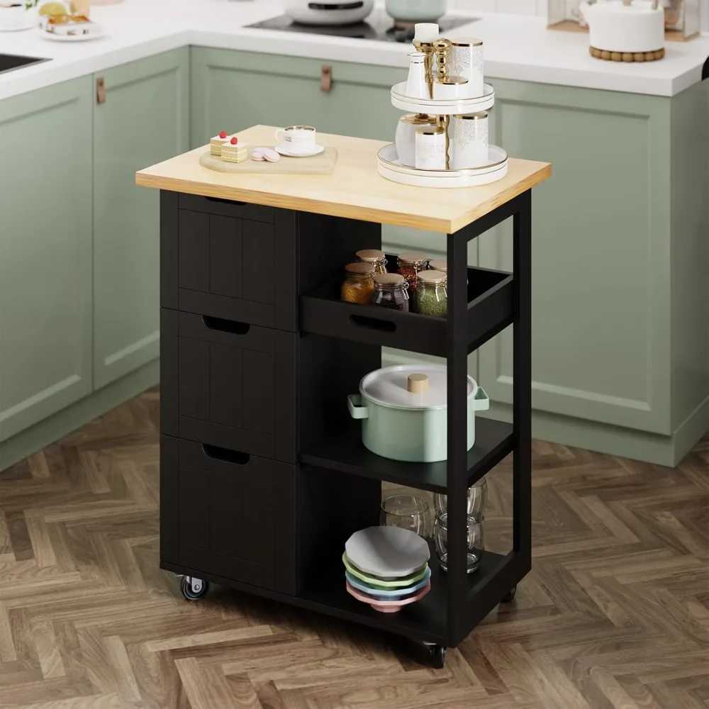 Kitchen Island with Storage Cart Rolling Coffee Small Butcher Block Table Microwave with 3 Drawers on Wheels Station Portable M