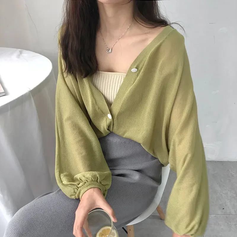 

Thin Cropped Cardigan Jacket Women's V-neck Long Sleeve Sueter Mujer Fashion Casual Knitted Korean Sweater Top Pull Femme