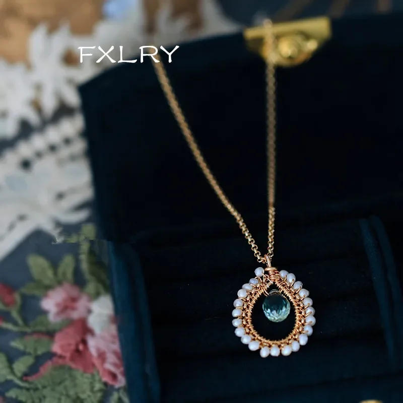 FXLRY Handmade Natural Pearl Quartz Stone Faceted Small Water Drops Bead Winding Pendant Necklace Fashion Female Jewely