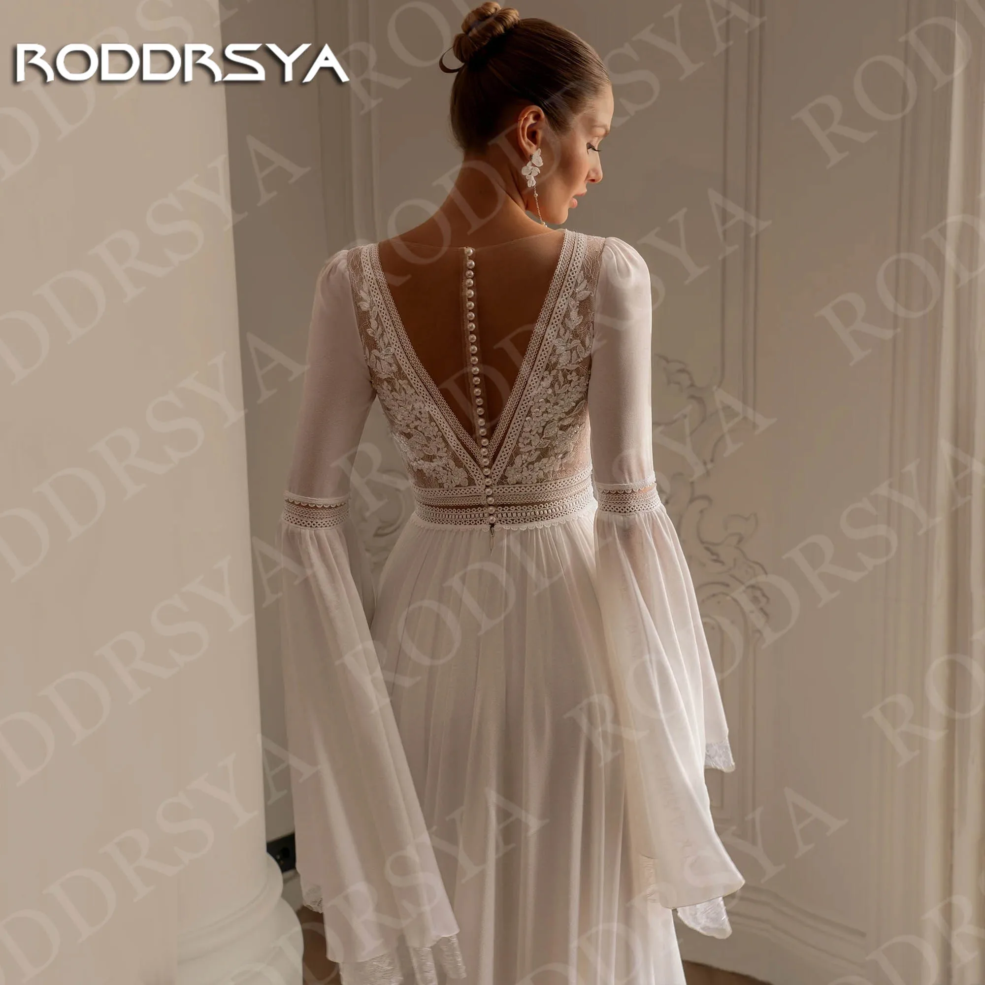 Gaun Pengantin Boho RODDRSYA Lengan Lonceng 2026 Wanita Renda Leher V Dalam Chiffon A-Line Gaun Pengantin Bohemian Aplikasi Kustom