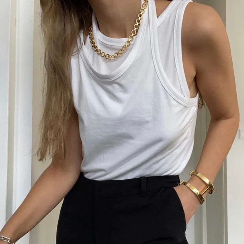 

New Commuter Trend Irregular Fake Two Halter Vest Women's Crew-neck Top T-shirt