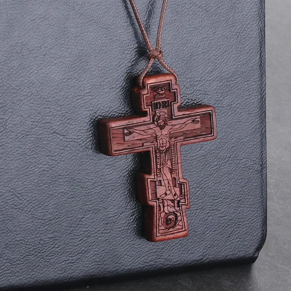 Cottvott Collares con cruz de madera roja y negra ortodoxa con cadena de cuerda de cuero ajustable para hombres, regalos de bautismo, oración de iglesia, joyería
