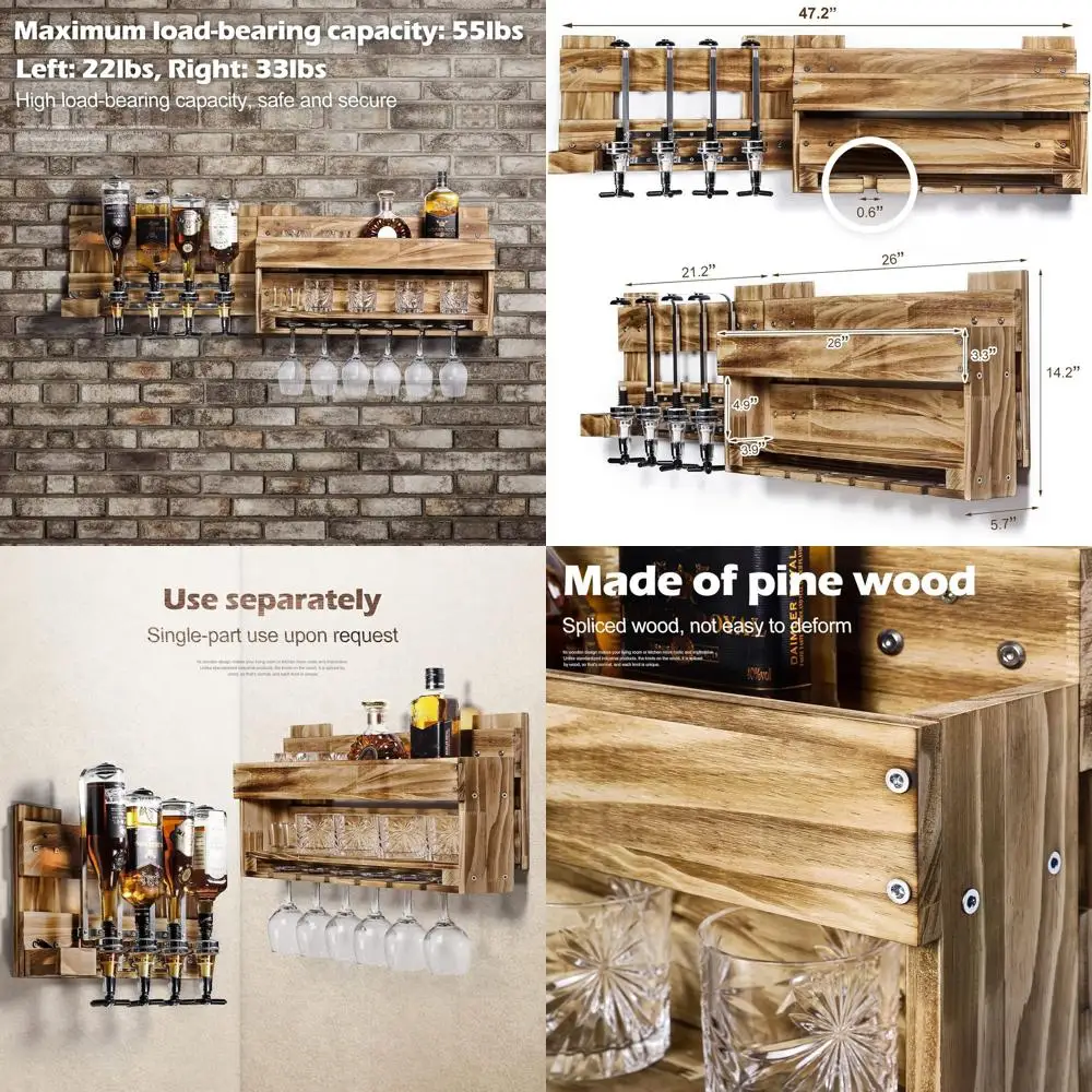 

Деревянная настенная винная полка с диспенсером на 4 бутылки и держателем для бокалов для хранения домашнего бара в деревенском стиле