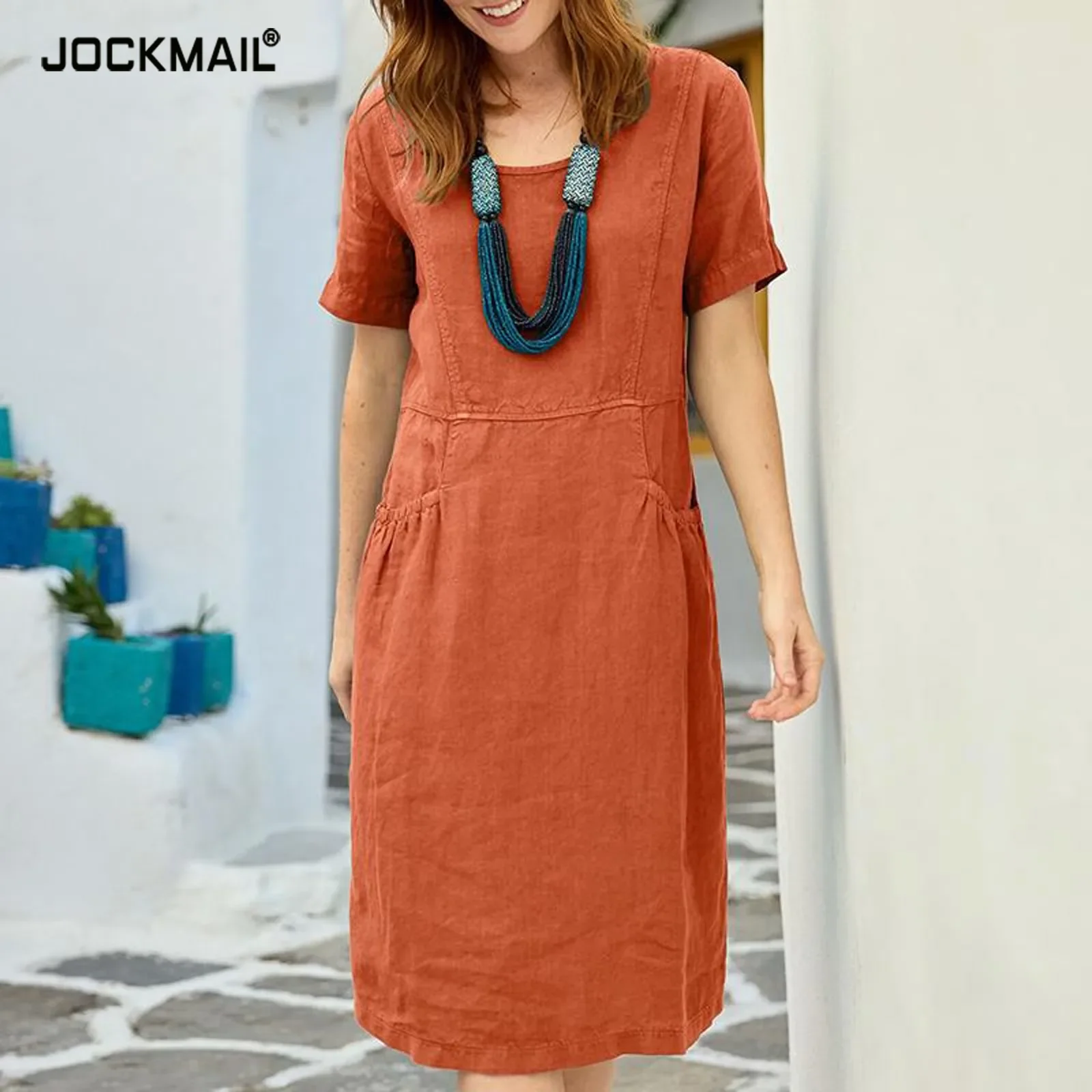 Women's Elegant Dress Solid Color Dress Summer Short Sleeve O-neck Vintage Harajuku Comfortable Loose Pocket Long Dress