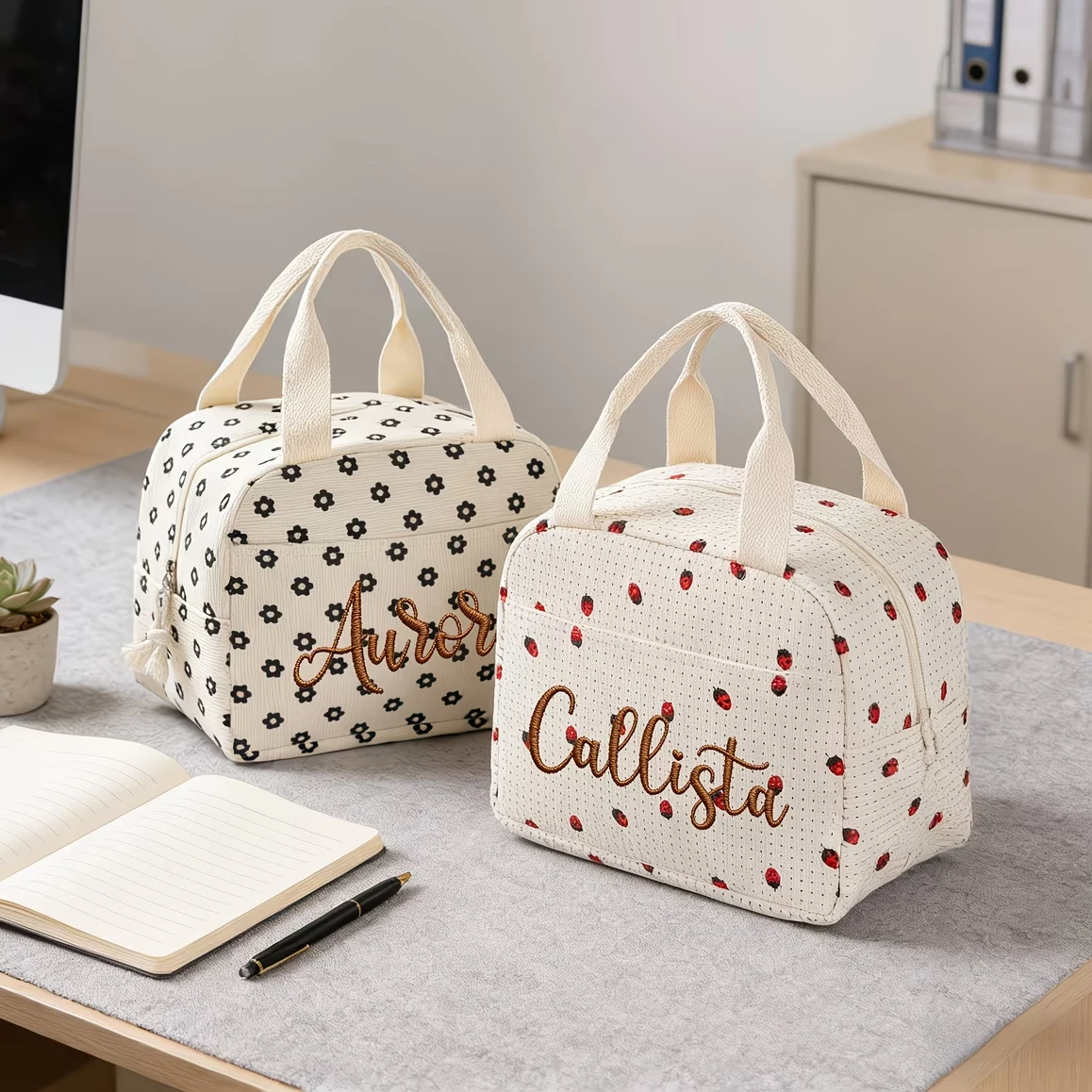 1pc Personalized Embroidered Floral Insulated Lunch Bag Custom Name Lunch Tote for Women Kids School Work
