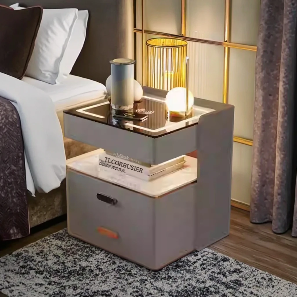 طاولة بجانب السرير من الخشب الصلب الفاخر الحديث مع خزانة بجانب السرير متعددة الوظائف للشحن الذكي للمنزل والفندق لورش العمل #5