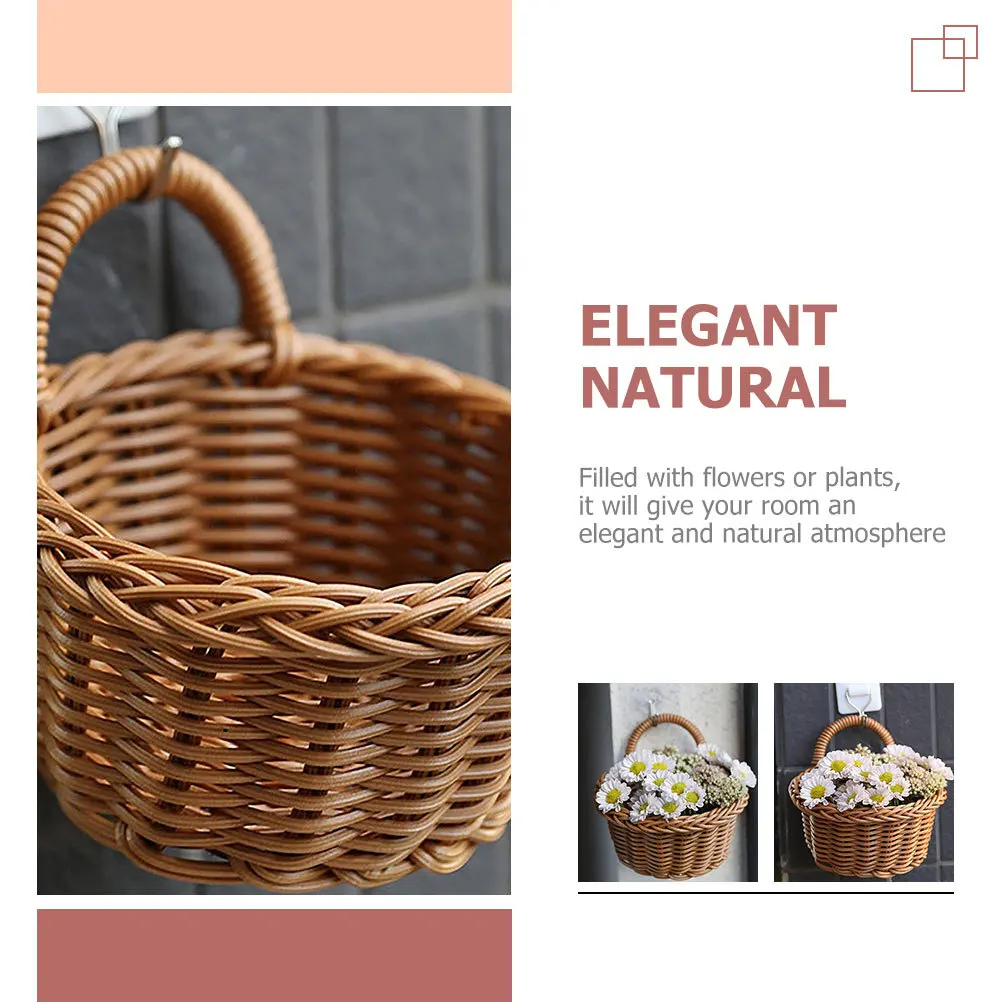

Wall Mounted Storage Basket Light Brown Hand Imitation Rattan Woven Design For Balcony Decoration Flower