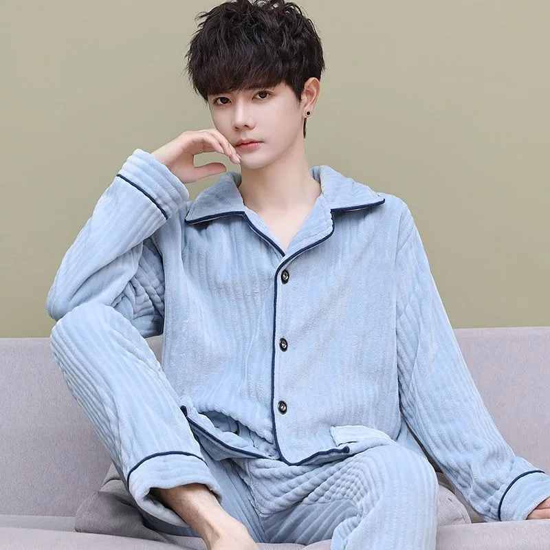 2024 New Men's Coral Velvet Pajamas Autumn Winter Warm Loungewear Thickened Flannel Cardigan Sleepwear Set V-neck Plush Homewear