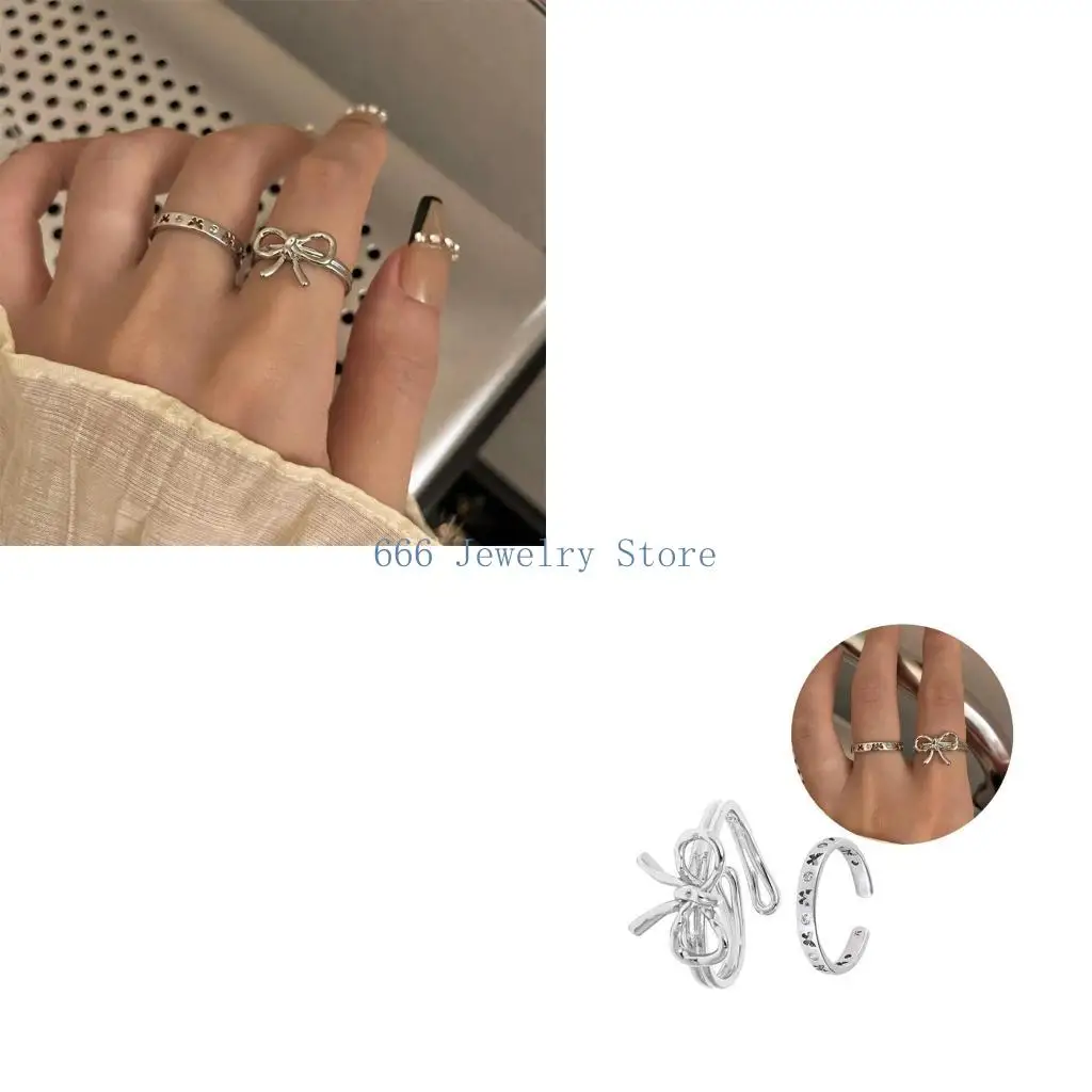 F2TD 2Pcs Adjustable Open Bowknot Rings Adjustable Stackable Thumb Open Rings Set