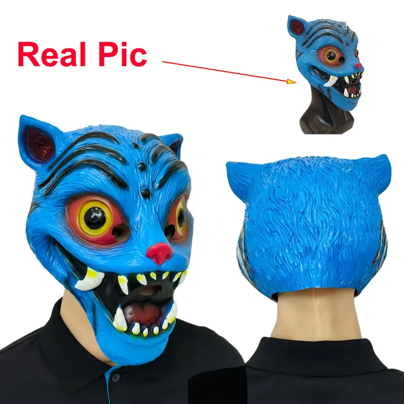 Máscara de látex de tigre azul de Anime, tocado de terror para Halloween, accesorios de disfraz, accesorios, máscaras divertidas, regalos para adultos