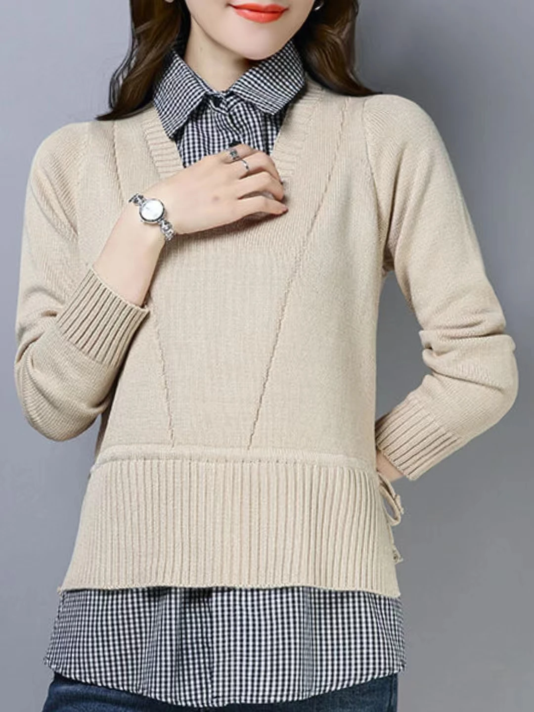 Spring And Atumn New Style V-collar Style Fake Two Sweater Women Loose Korean Version Of The Sweater Short-style Undershirt Top