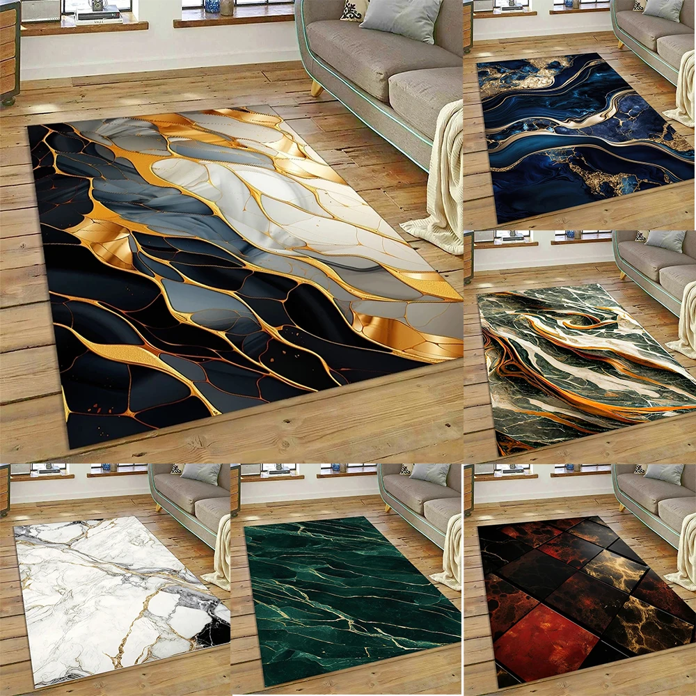 

Luxury Marble Pattern Area Rug With Golden Veins Colorful Abstract Designs Soft Decorative Carpet For Living Room Bedroom