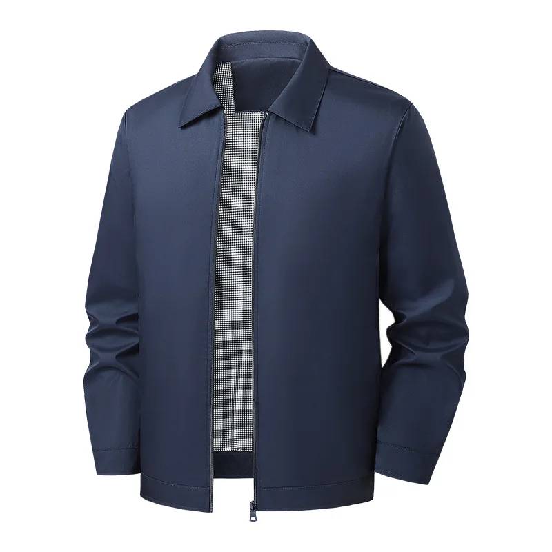 Men Lapel Collar Business Casual Jacket Solid Black Full Zip Lightweight Executive Outerwear Middle Aged Dad Versatile Daily Coa