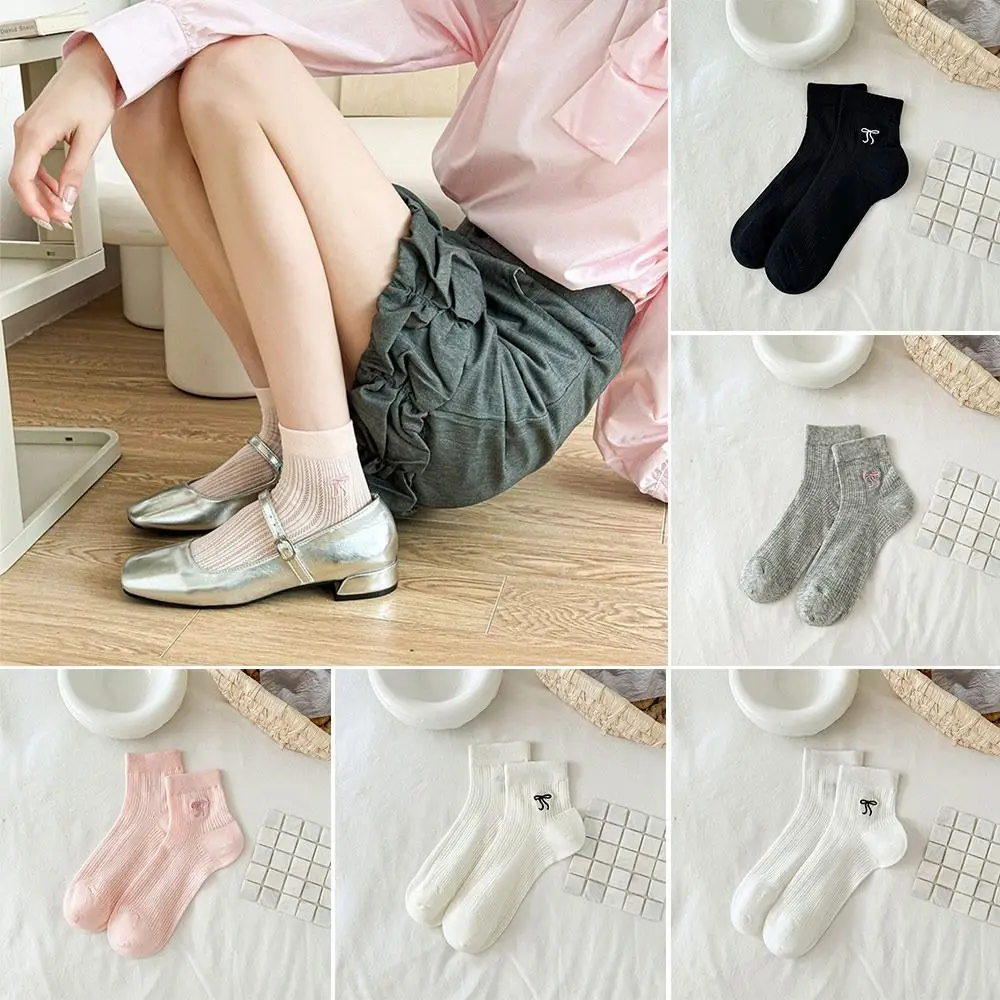 

Solid Color Bowknot Socks New Breathable Spring Summer Sweet Stockings Y2K Thin Cotton Socks