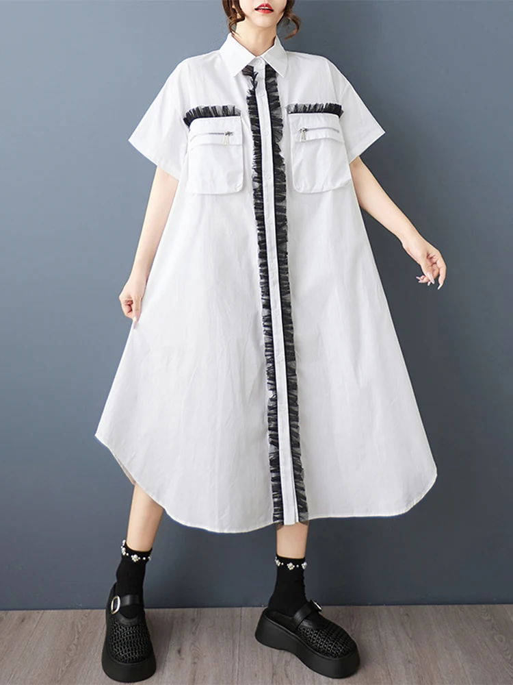 NYFS Estate 2025 Abito da donna a maniche corte con patchwork in rete tascabile allentato taglie forti