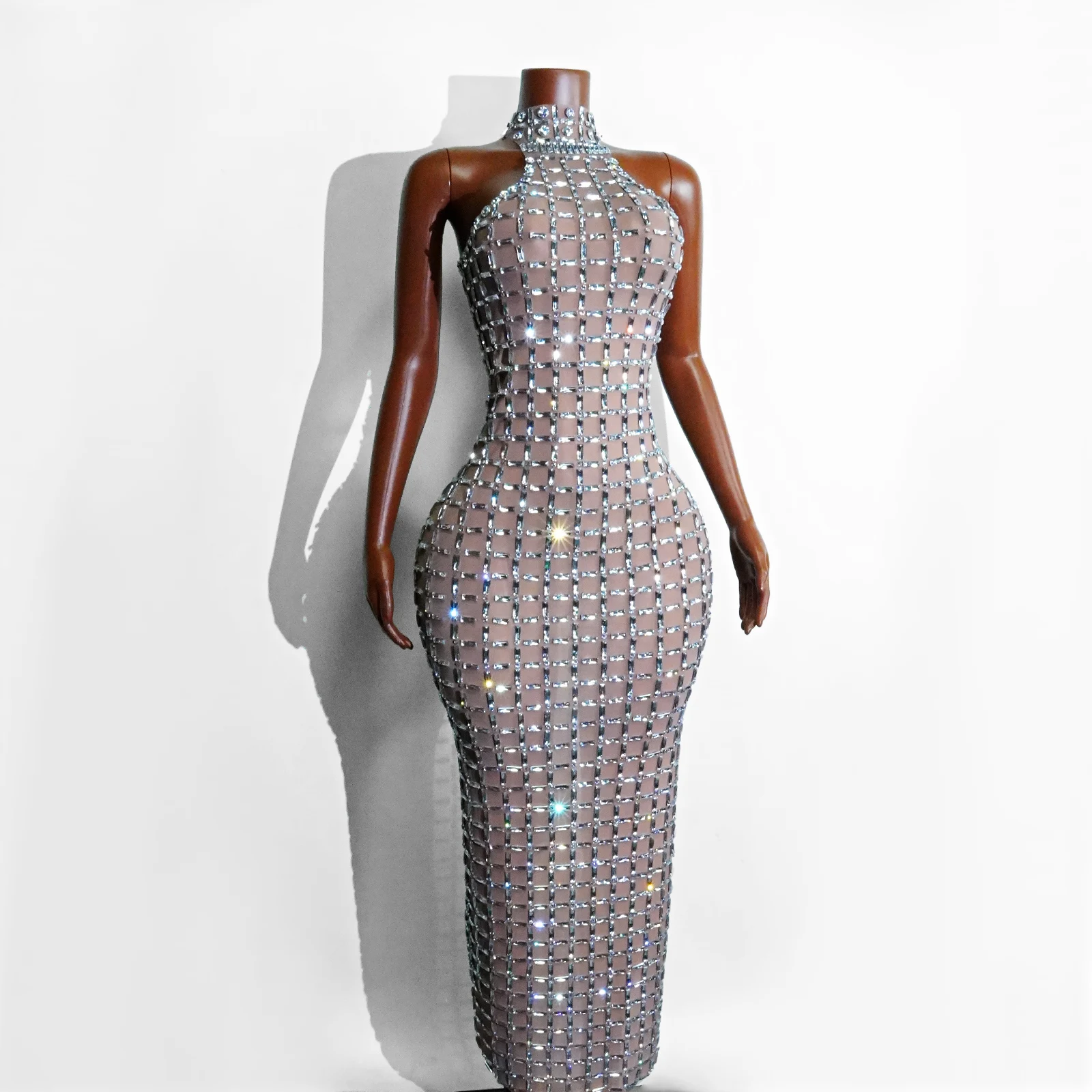 

Elegant Luxury Crystal Sexy Mesh Sleeveless Halter Nude Split Long Dress Birthday Celebration Prom Formal Grand Party Host Wear