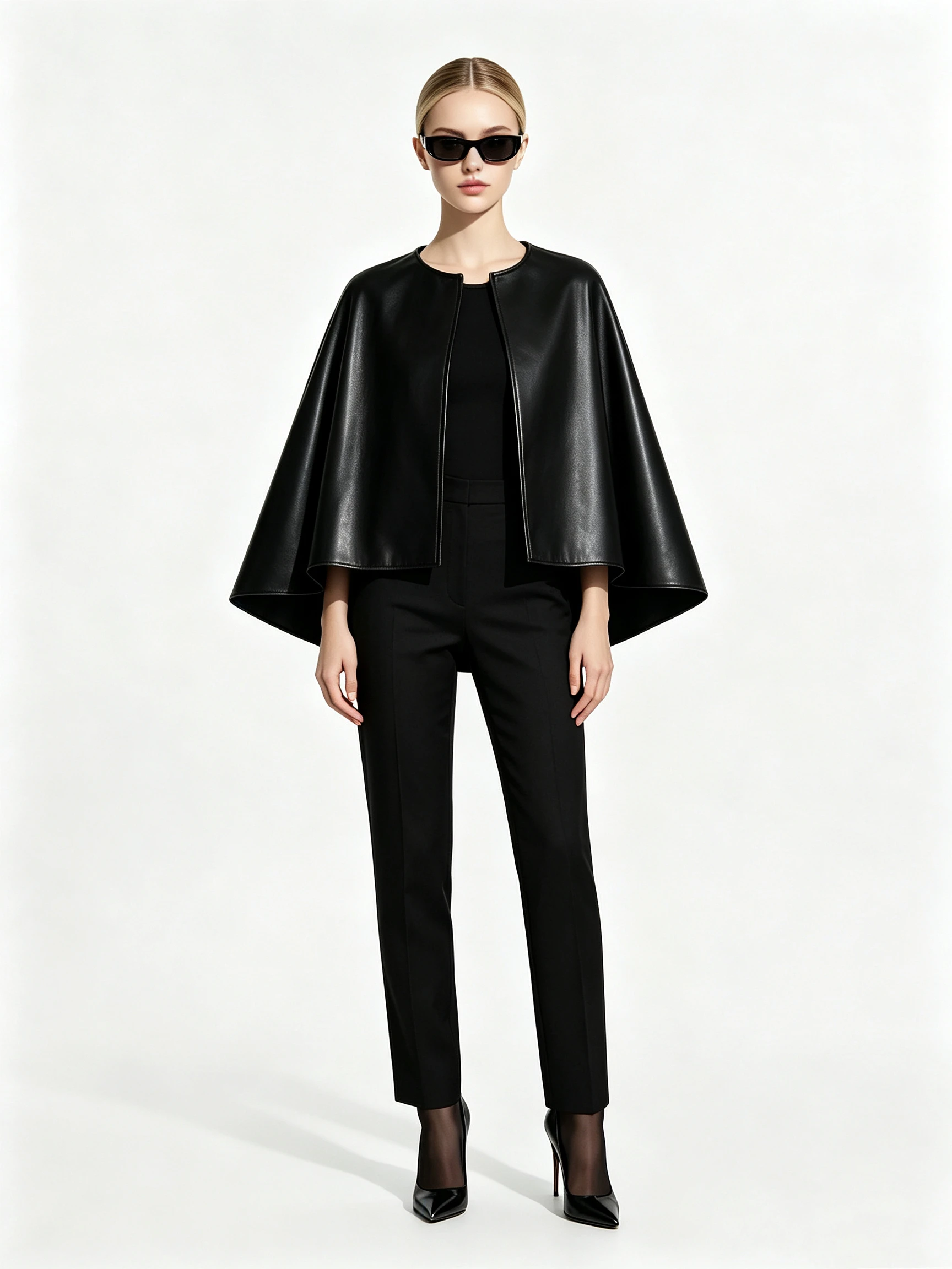Women's Faux Leather Cape Coat with Collarless Design and Open Front